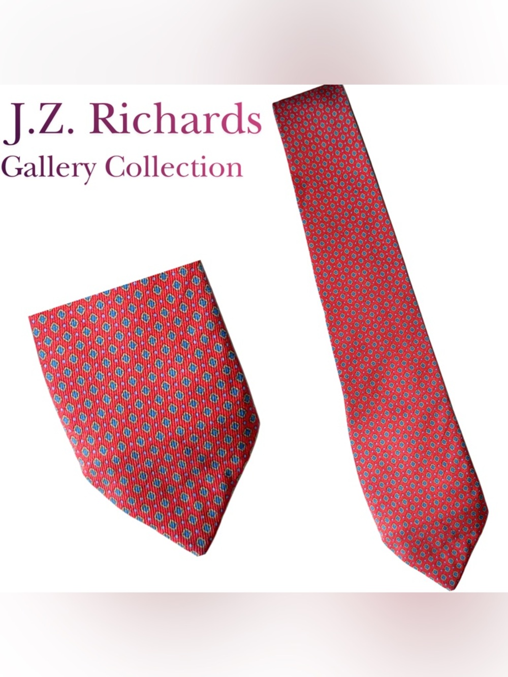 J.Z. Richards Gallery Collection Handmade 100% Silk Men’s Tie Red Blue Geometric